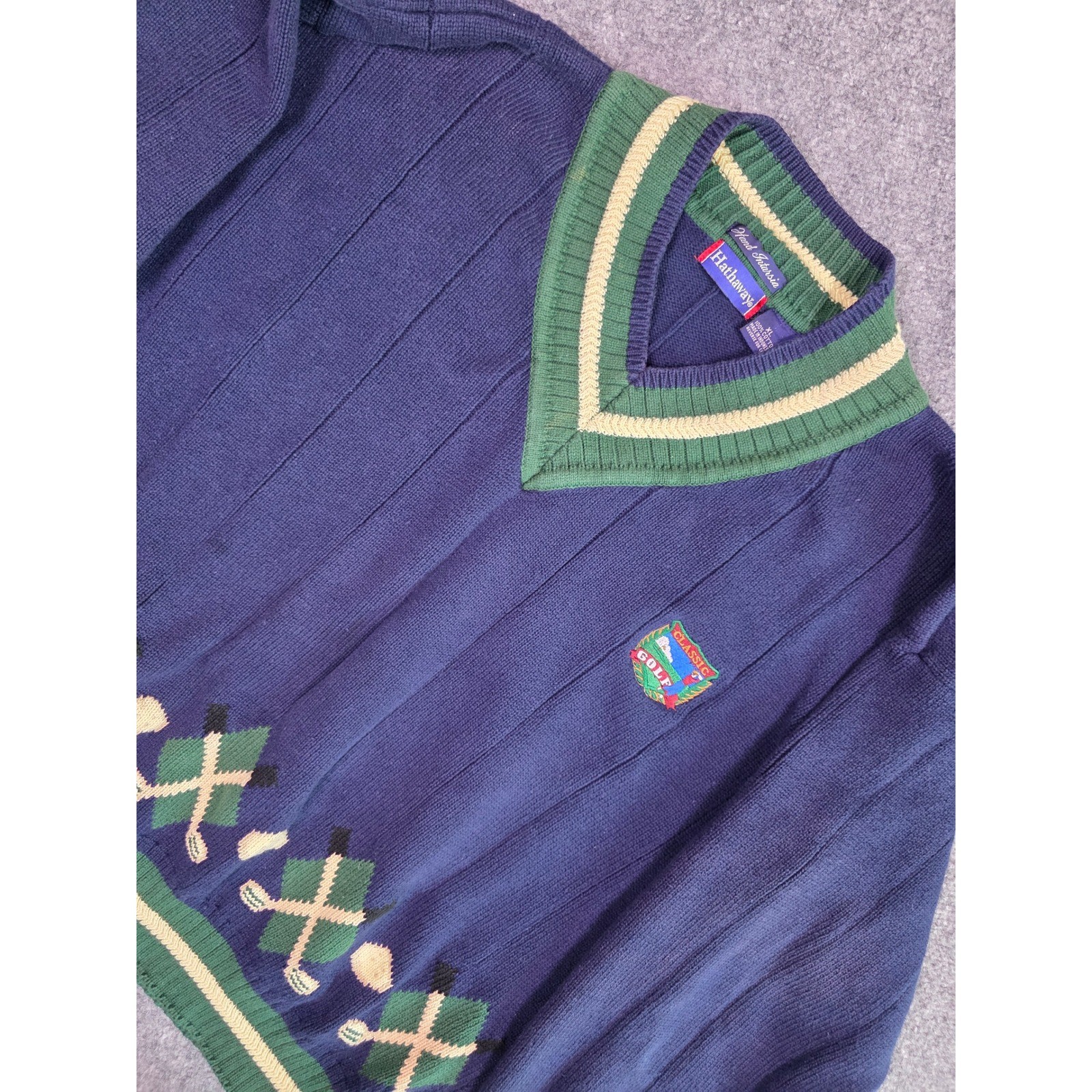 Hathaway Golf Sweater Mens XL Navy Blue Hand Intarsia Cotton V-Neck Pullover