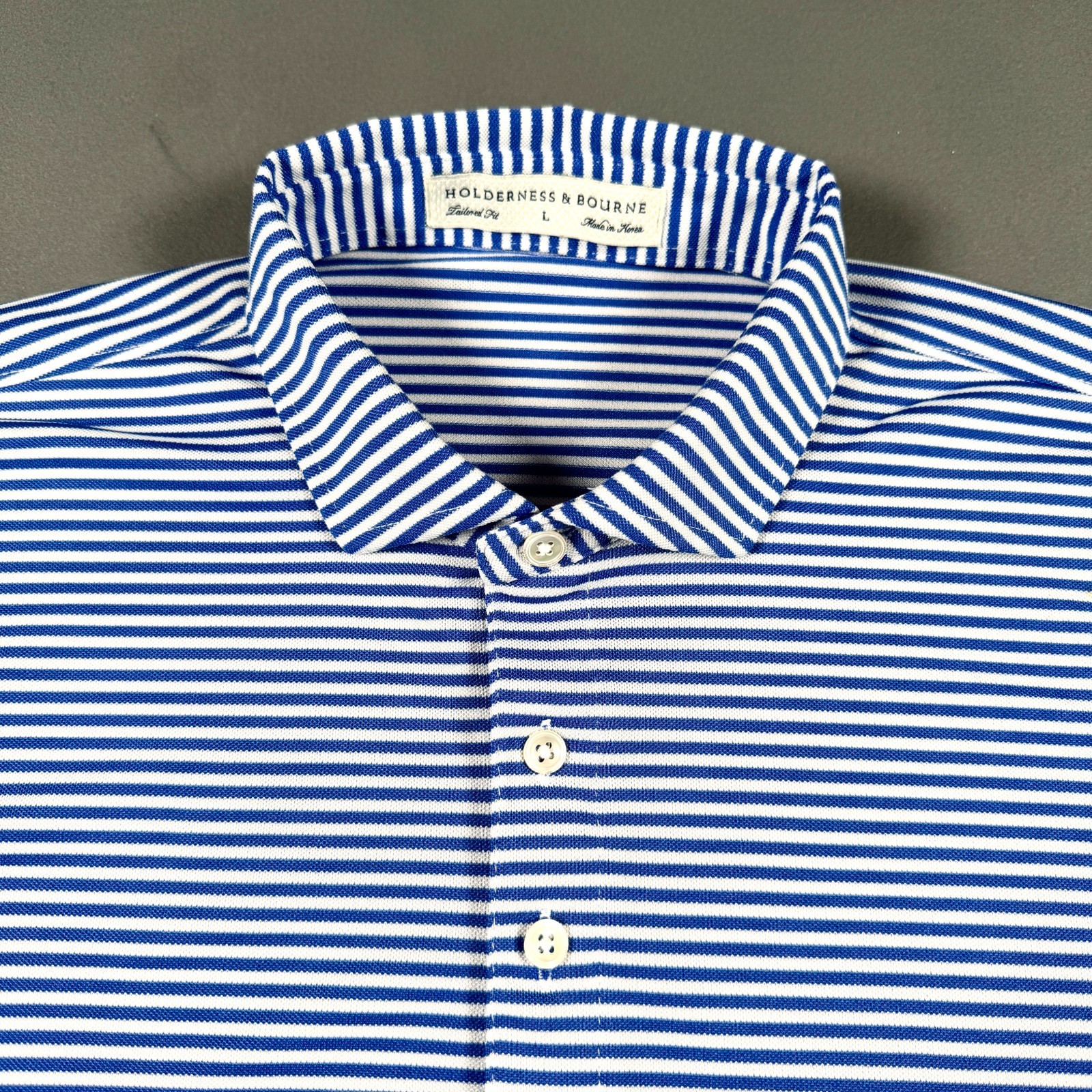 Holderness & Bourne Polo Shirt Mens L The Maxwell Blue and White Golf Stretch