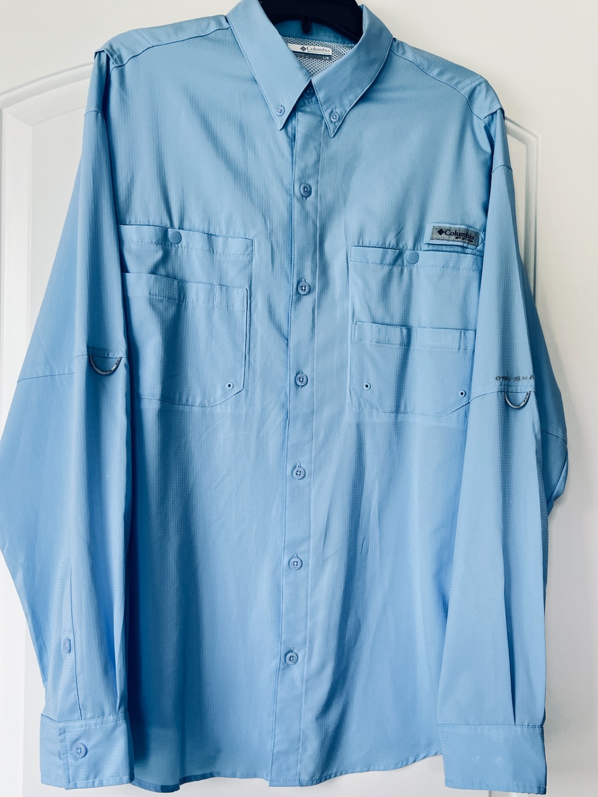 Men Sport shirt Light Blue pre-owned- excellent Columbia PFG No iron