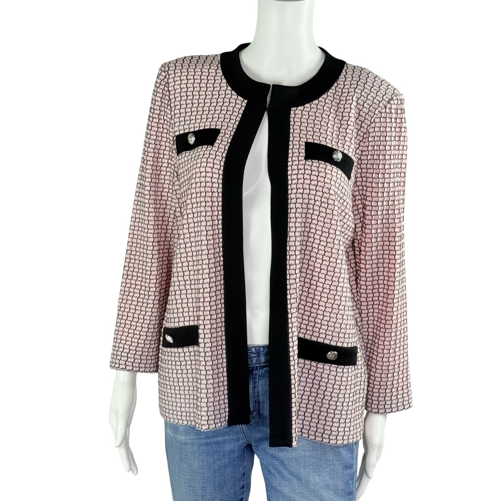 NWT Ming Wang Pale Pink & Black Knit Cardigan Sweater Jacket Top Heritage Fit M