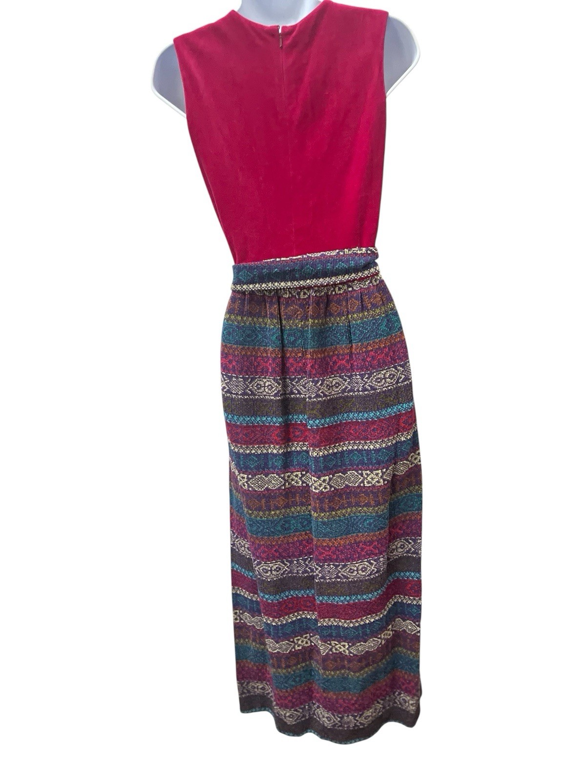 Vtg 60s Southwestern Boho Tapestry Maxi Dress XS Fringe Belt Sleeveless Velvet