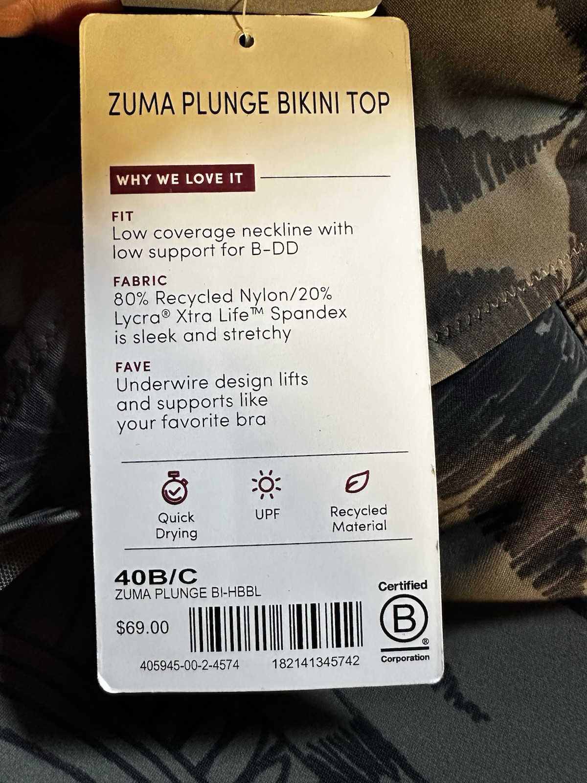 Athleta | Herb Olive & Black Zuma Plunge Bikini Top – Size 40B/C