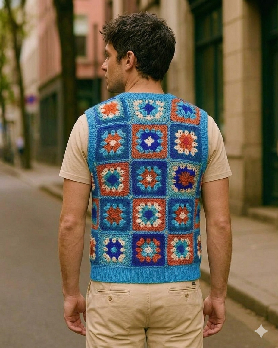 Handmade Crochet Square Men Vest Vintage Bohemian Sleeveless Sky Sweater