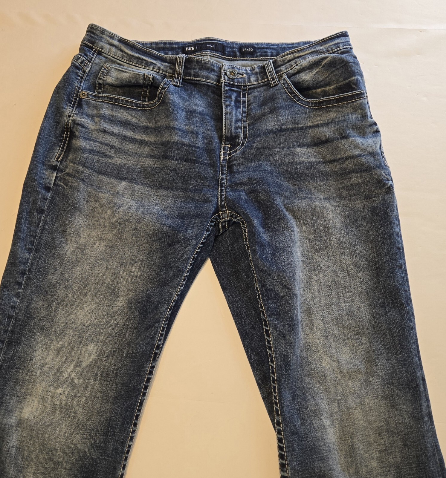 BKE Derek Jeans Men 34×29** Blue Denim Straight Leg Cowboy Thick Stitch