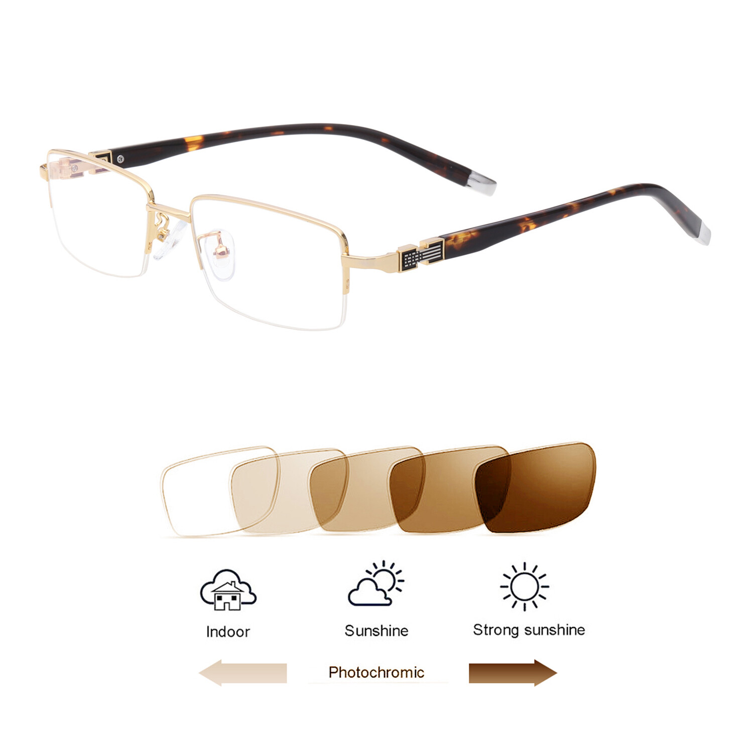 Men’s Half Rim Photochromic Reading Brown Glasses Transition Sunglasses Reader