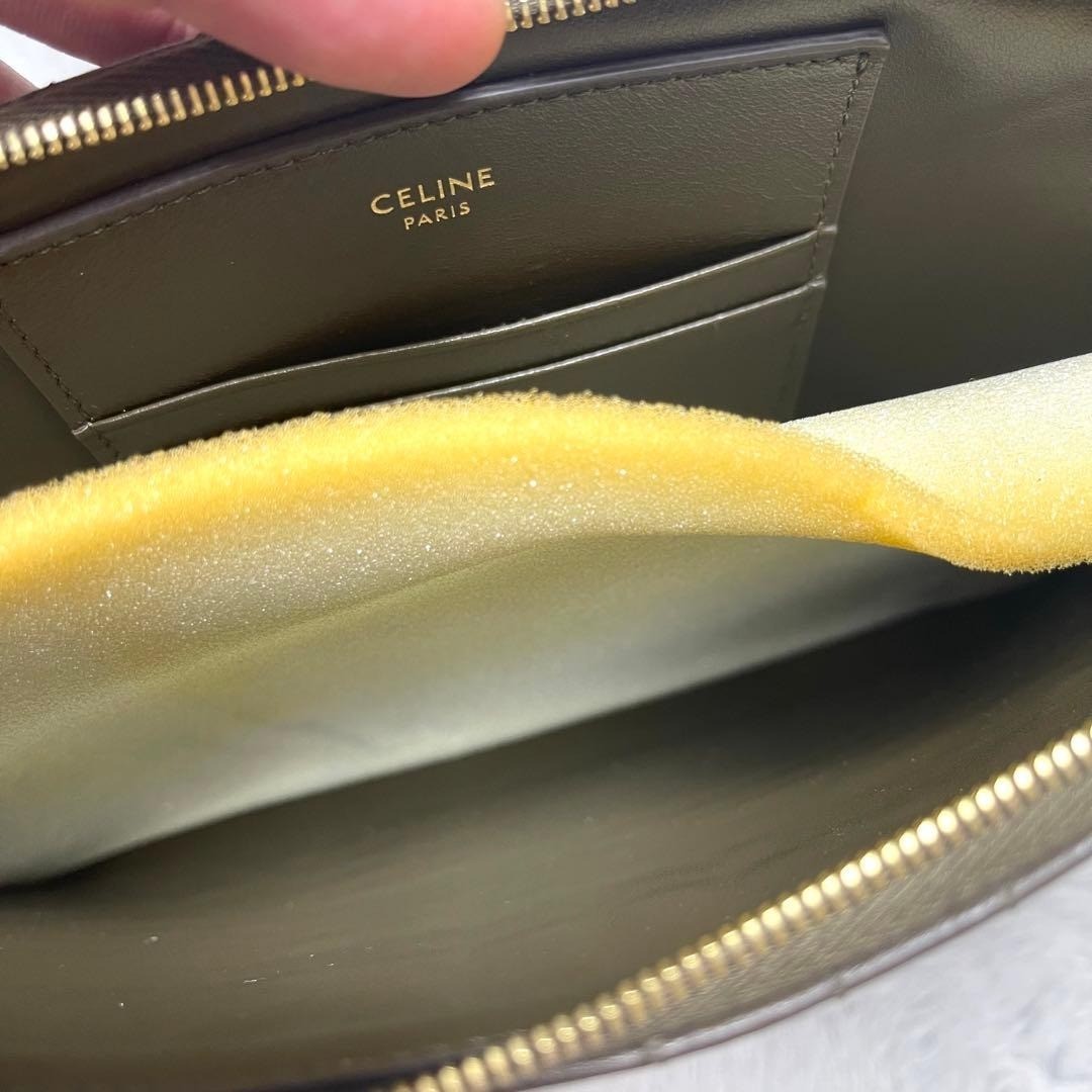 CELINE Clutch Bag Khaki Quilted Leather C Charm Pouch Gold Hardware Unused