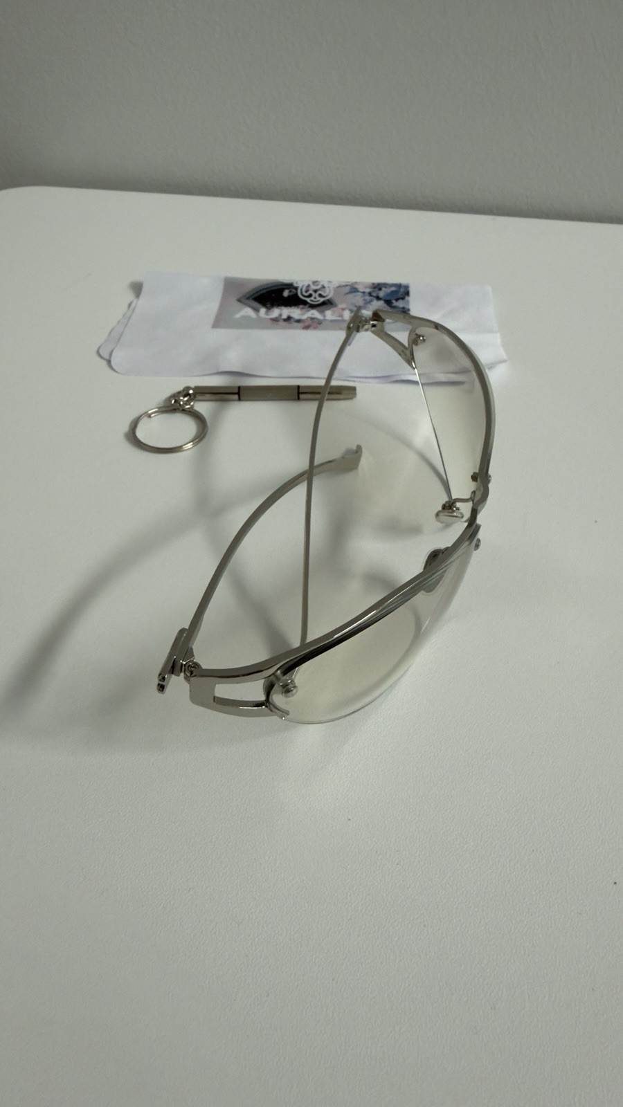 Auralice Rimless Sunglasses Silver Metal Frame Gray Tinted Plastic Lenses