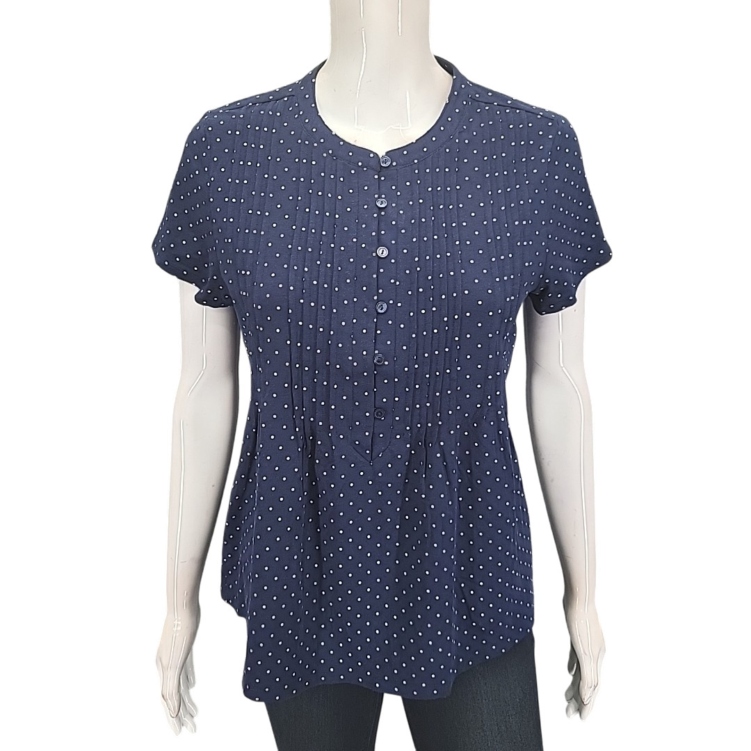 Lands End Women’s Pintuck Top Small Size Blue Short Sleeves Blouse Dot Printed