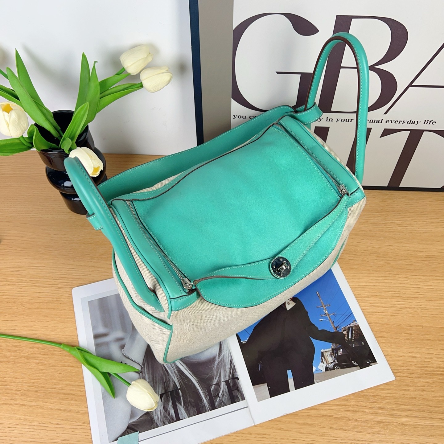 Hermès Lindy 34 | Canvas & Swift Leather, Peacock Green, Square L Stamp