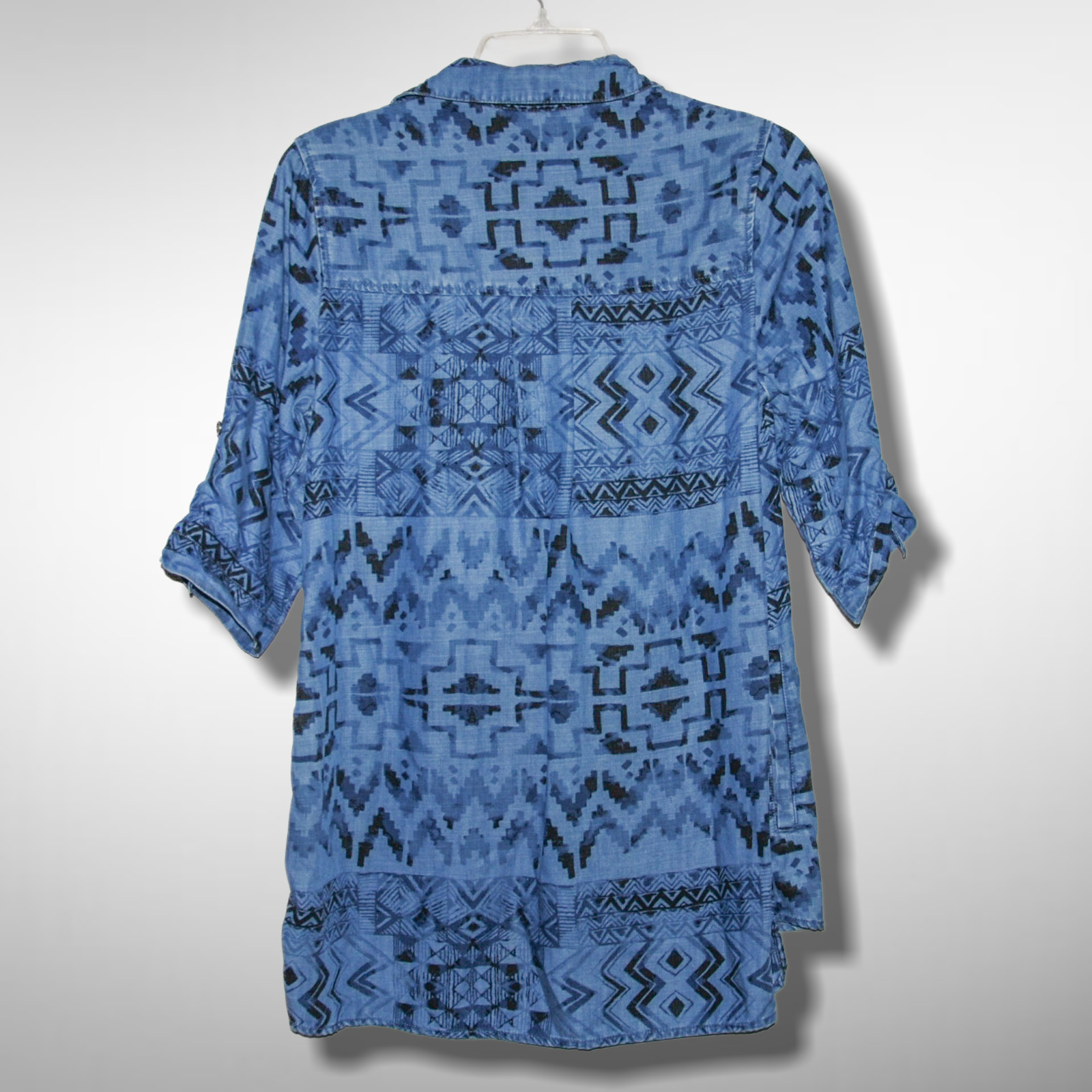 Soft Surroundings Small Fit Blue Aztec Southwestern Tunic Top Roll Tab Sleeve