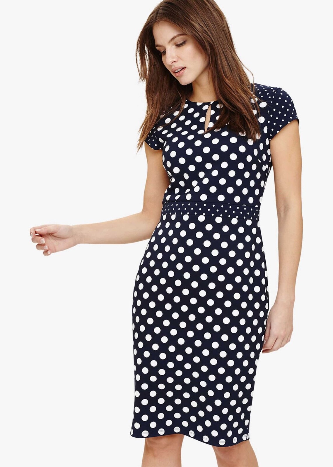 Phase Eight Navy White Polka Dot Pencil Dress S/M– Elegant Office/Party Wear