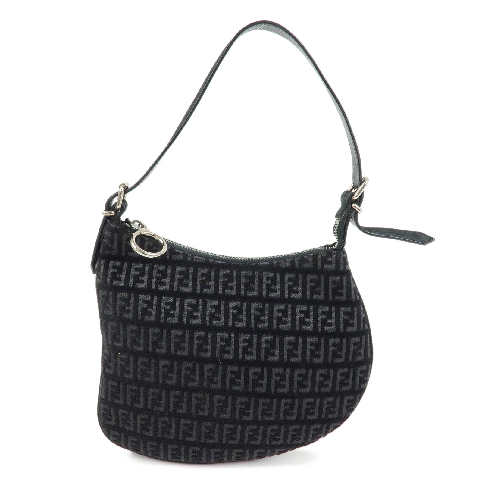 FENDI Zucchino Canvas Leather Shoulder Bag Hand Bag Black 8BR248 Auth Used F/S