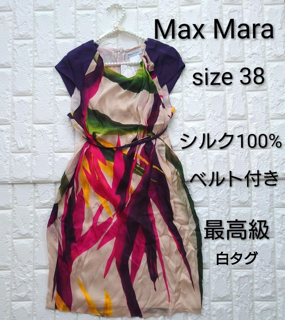 MaxMara Silk Botanical Print Belted Knee Dress Size M Party Wedding Auth