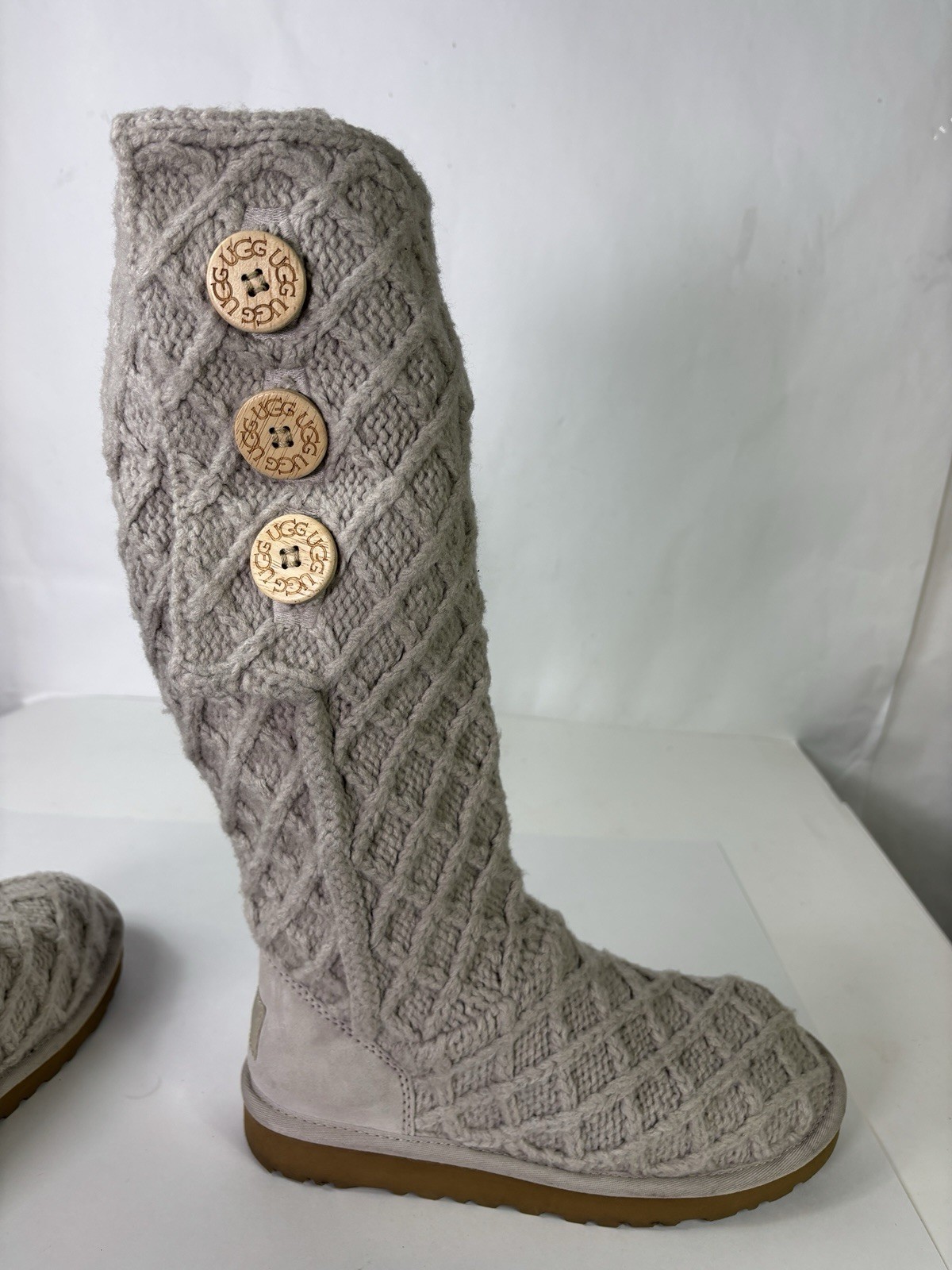 UGG Beige Lattice Cardy Tall BOOTS Size 7 Sweater Knit Button 3066 Cuffable