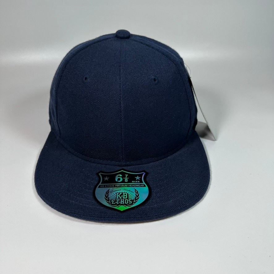 KB Ethos Premium Headwear Fitted Hat Navy Blue Flat Bill Cap Size 6 7/8 S NWT