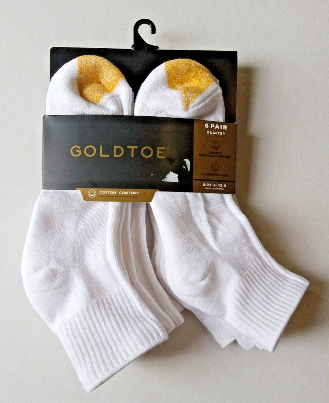 New GOLDTOE Men’s White Quarter Socks 6 Pair Sizes 6-12.5 Cushion AquaFX Support