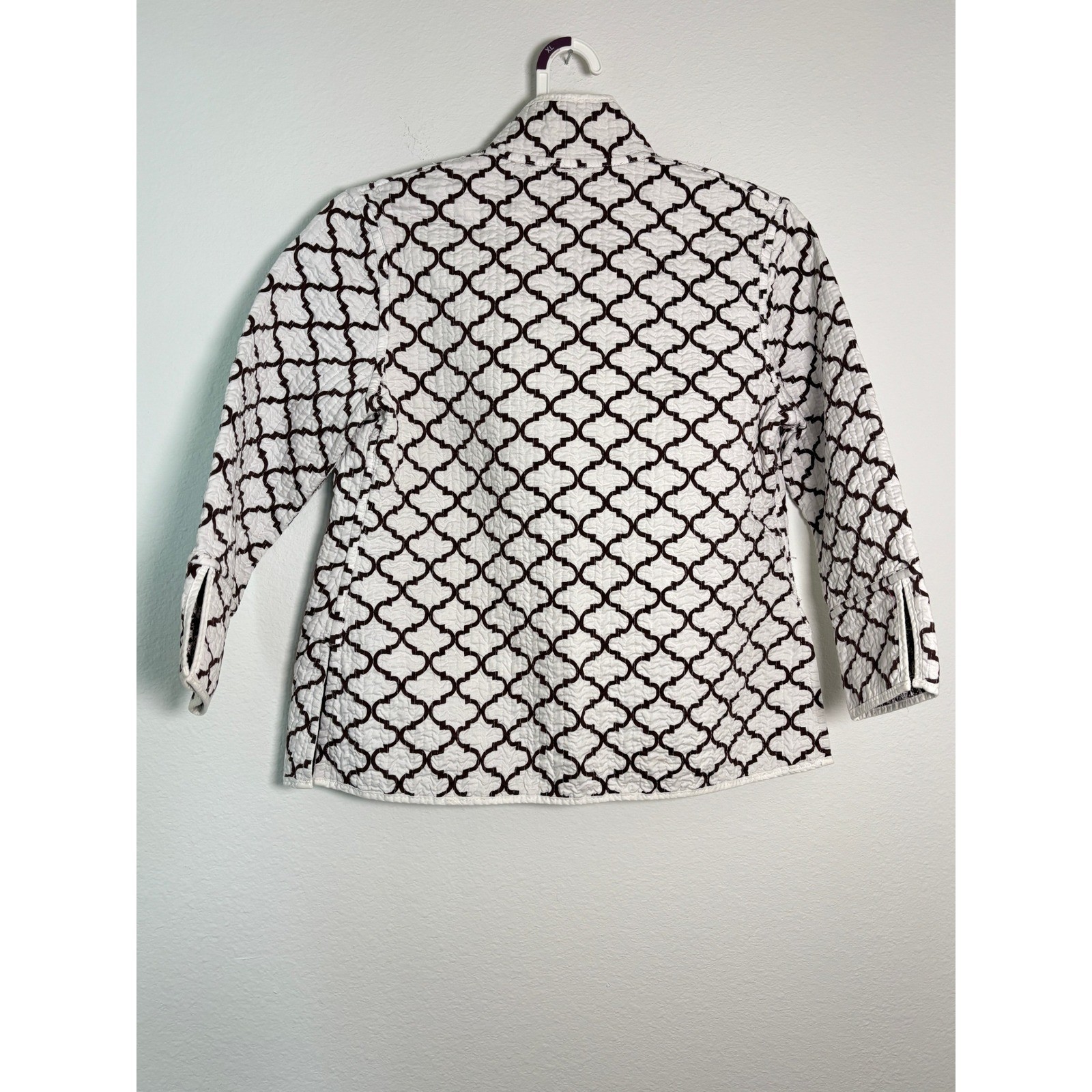 Reversible Quilted Jacket Trellis Geometric Floral Mock Neck Brown White XL
