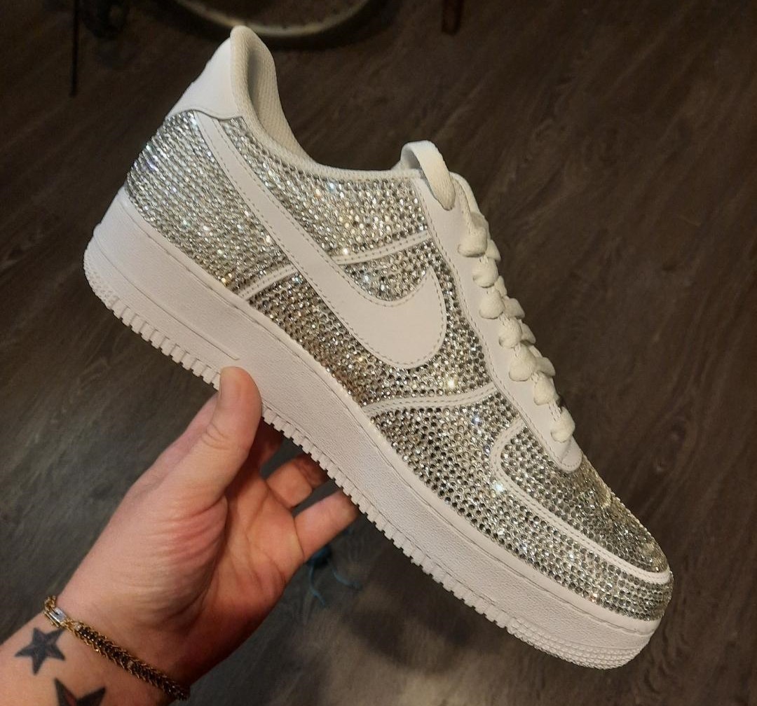 Custom Nike Air Force 1s with Crystal Clear Rhinestones, All White