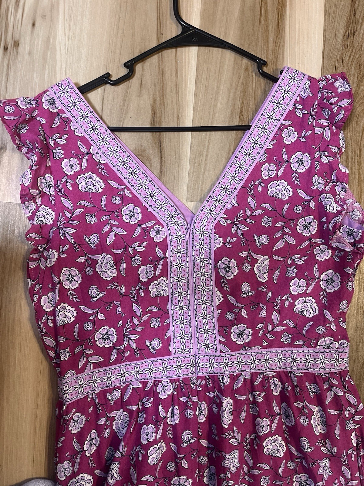 New Loft Size 8 Border Ruffle Midi Pocket Dress Fushia Lilac Floral Boho Tiered