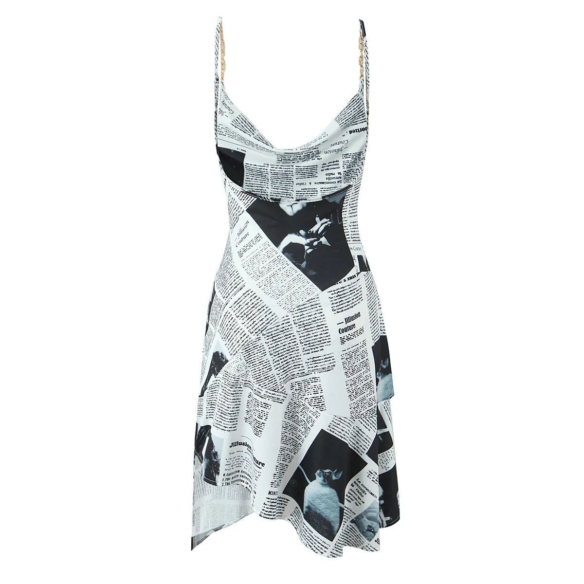 YENKYE New Women Newspaper Letter Print Irregular Hem Sling Dresses Fashion
