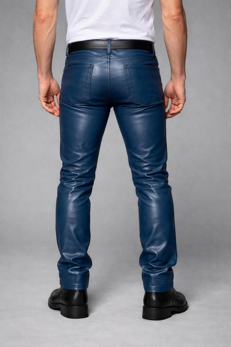 Men’s Dark Blue Genuine Lambskin Leather Biker Pants Slim Fit Motorcycle Trouser