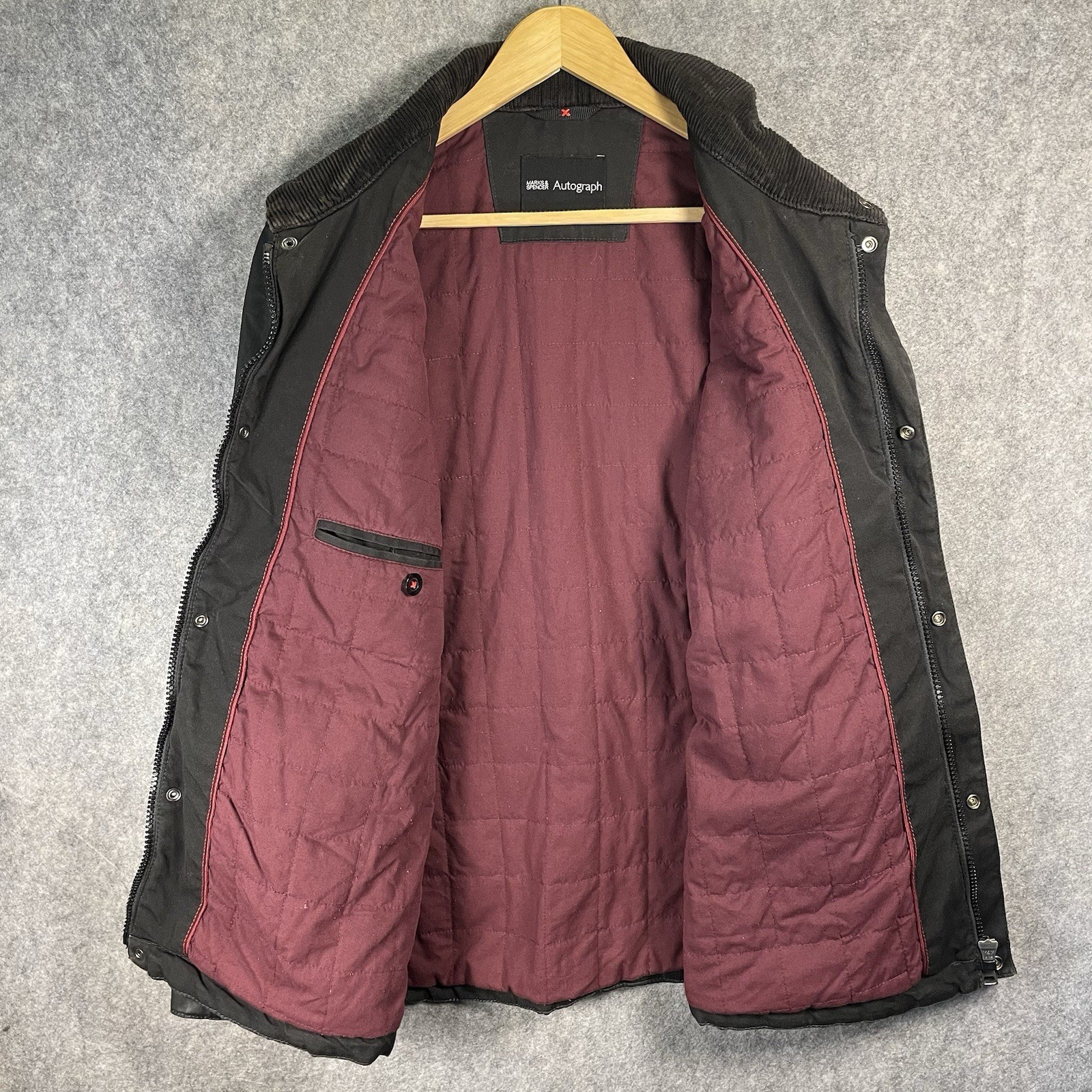 M&S Waxed Jacket Mens Medium Black Carbon Military Colour Padded Lining Outdoor