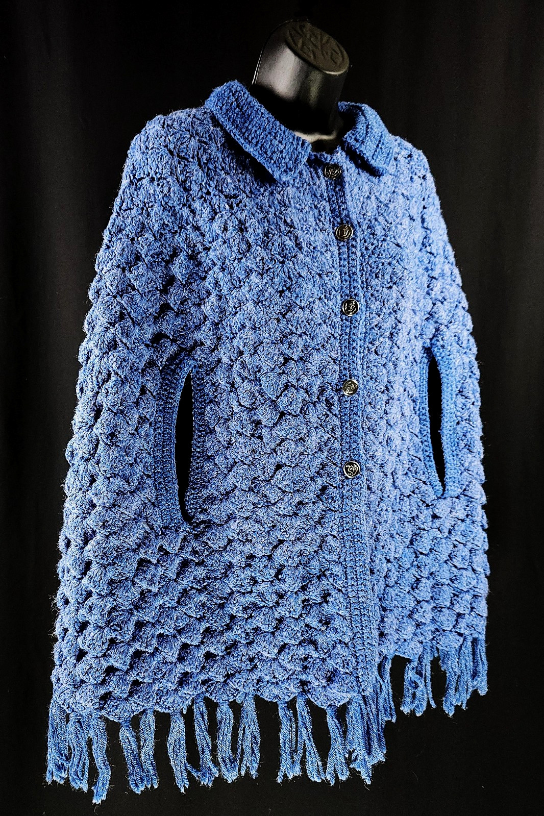 VTG Hand Crochet Cape Shawl Poncho ~Button Front ~Fringe~ BOHO Cottagecore Retro