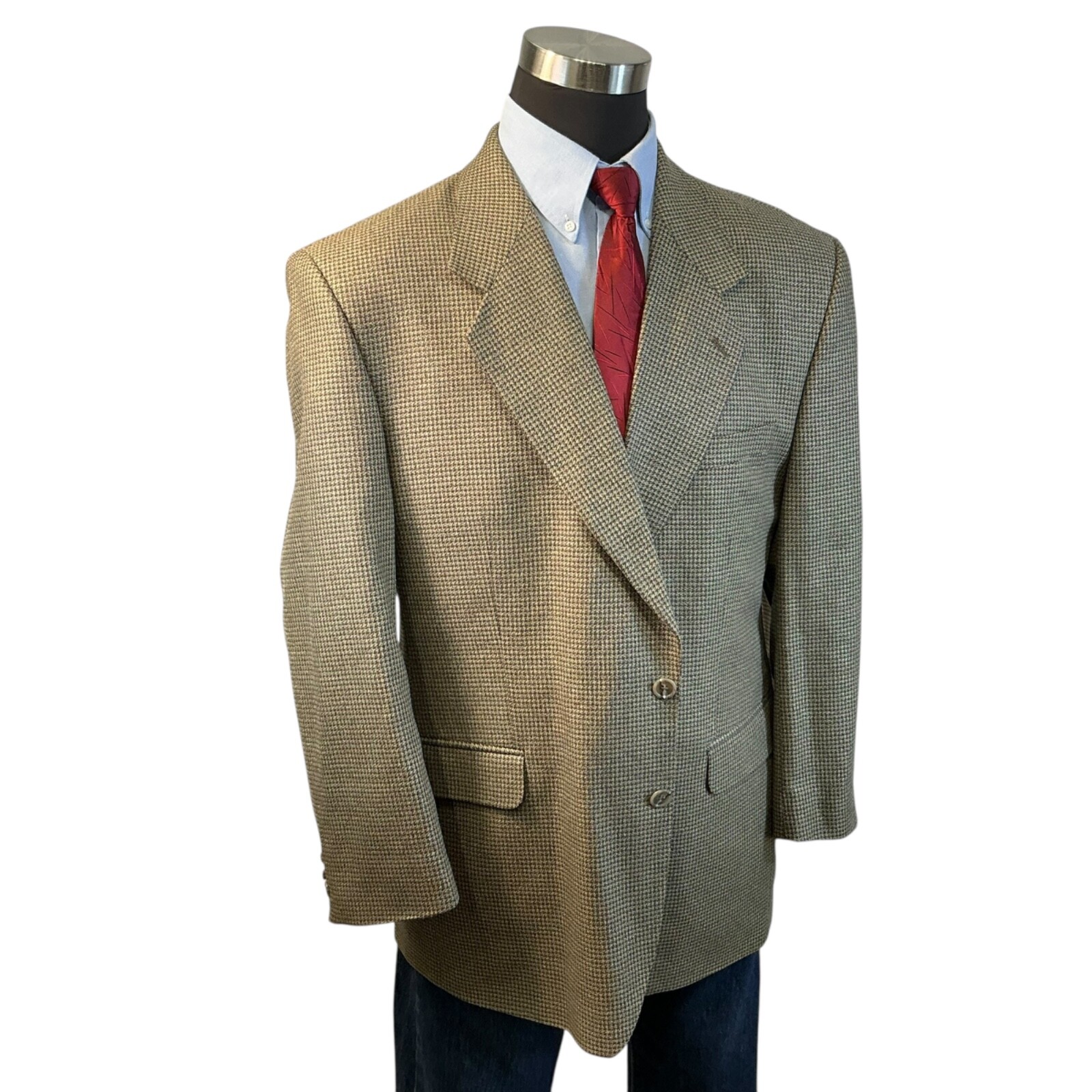 44R/46S Deansgate Houndstooth Green Beige Gray Blue Suit Jacket Sport Coat Blaze