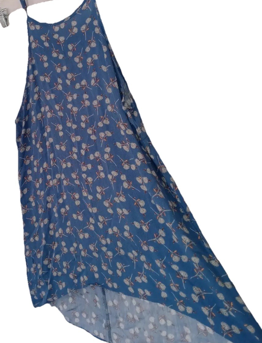 Ginger G Top M Darling Blue Floral Boho Hippie Flowy Rayon Hi Lo Hem Tank Shirt