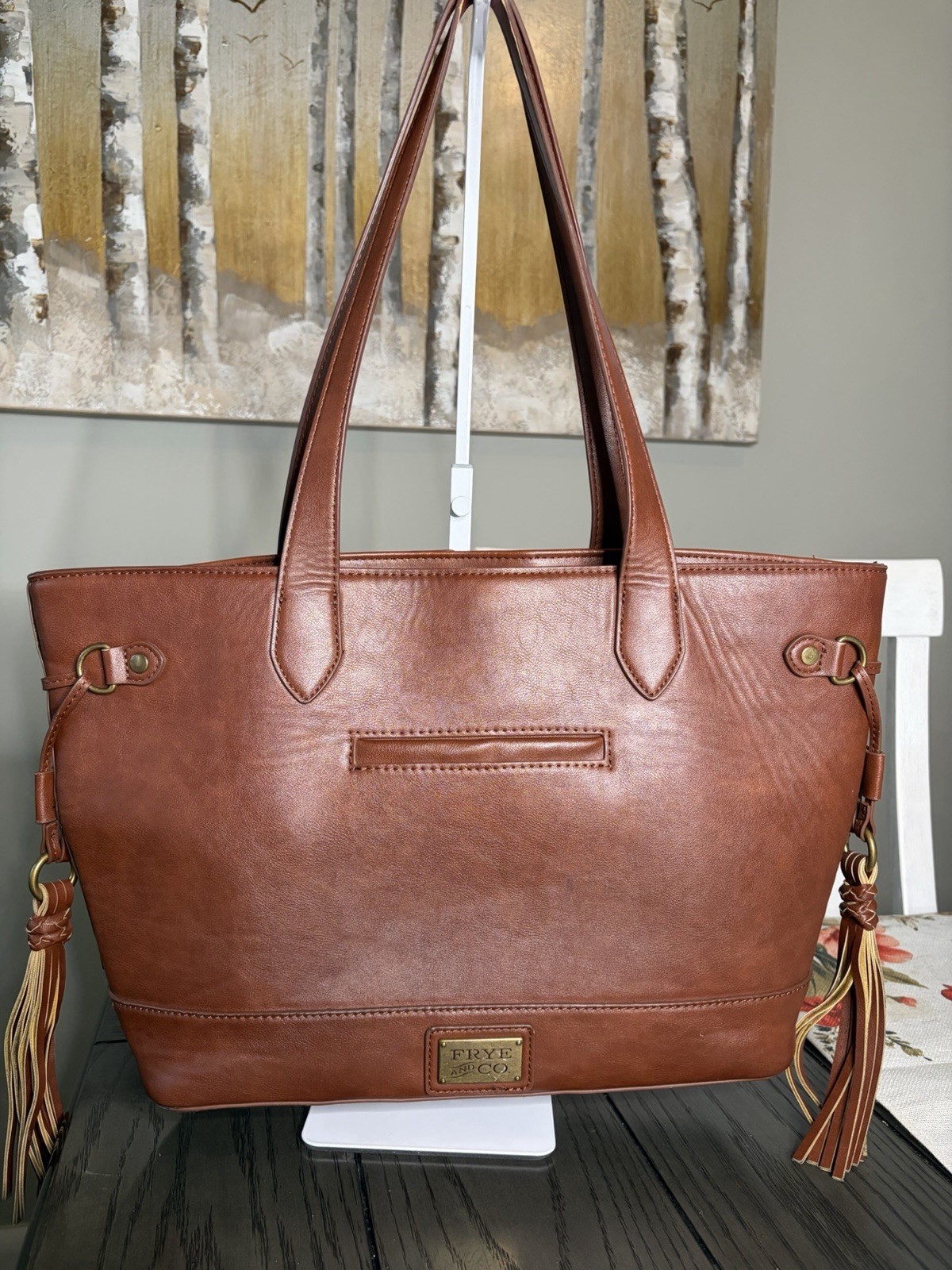 Frye Brown Large Tote Shoulder Bag Tassel Stitching Lined Pockets