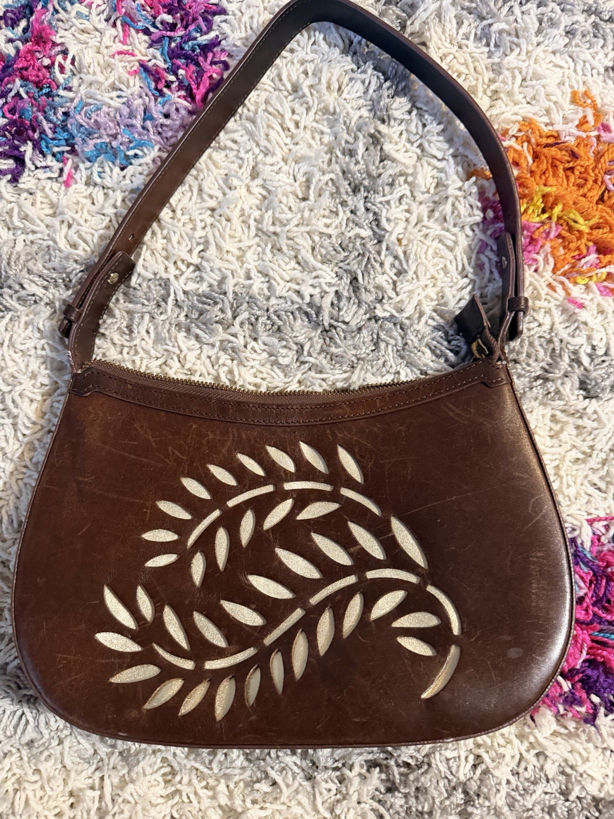 Tommy Bahama 100% Leather Brown Shoulder Bag with Leaf Cutout
