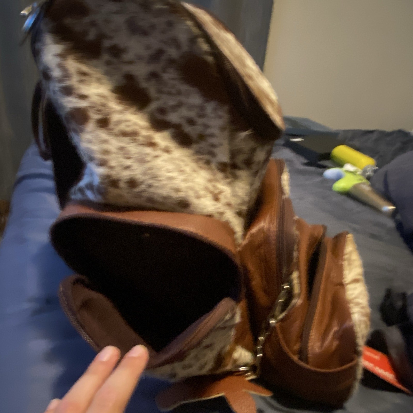 Real Cow hide Backpack Brown/White Zip, Adjustable Strap, Inner/Outer Pockets