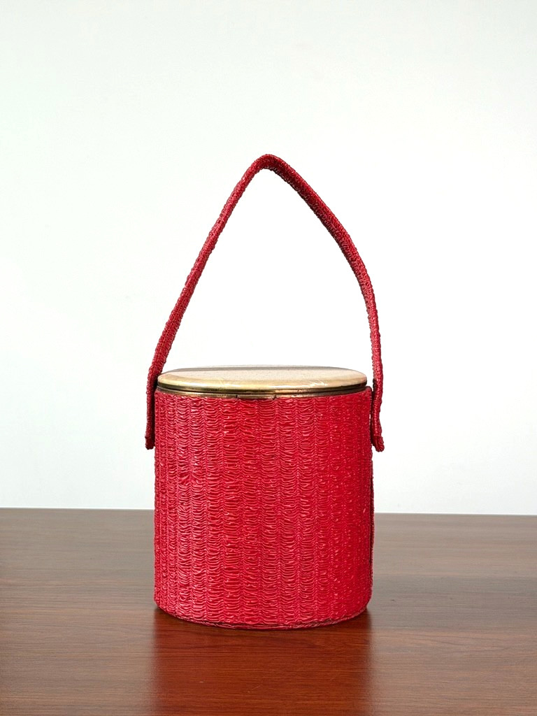 Vintage 1950s red round box purse, vinyl mirror Lin-Bren handbag cylinder small