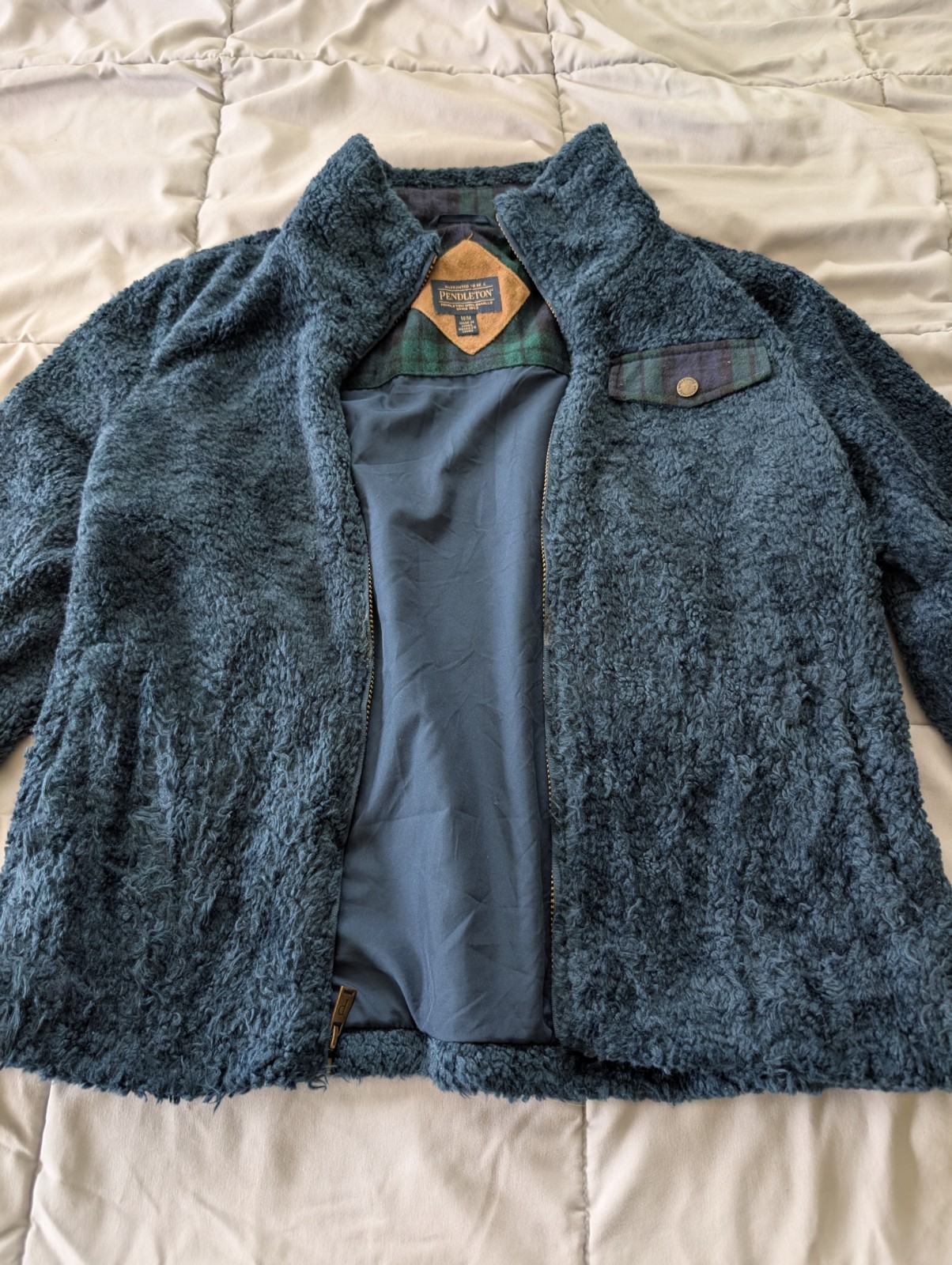 Pendleton sherpa fleece lined deep pile teddy fuzzy blue plaid jacket – Womens M