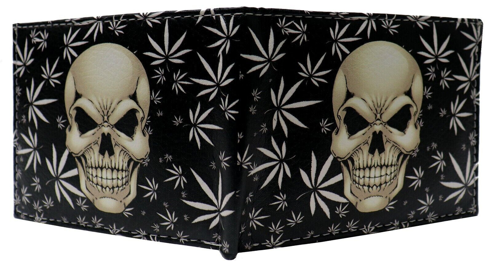 Skull Head Marijuana Weeds Potleaf 420 Leather Bi-Fold Bifold Wallet