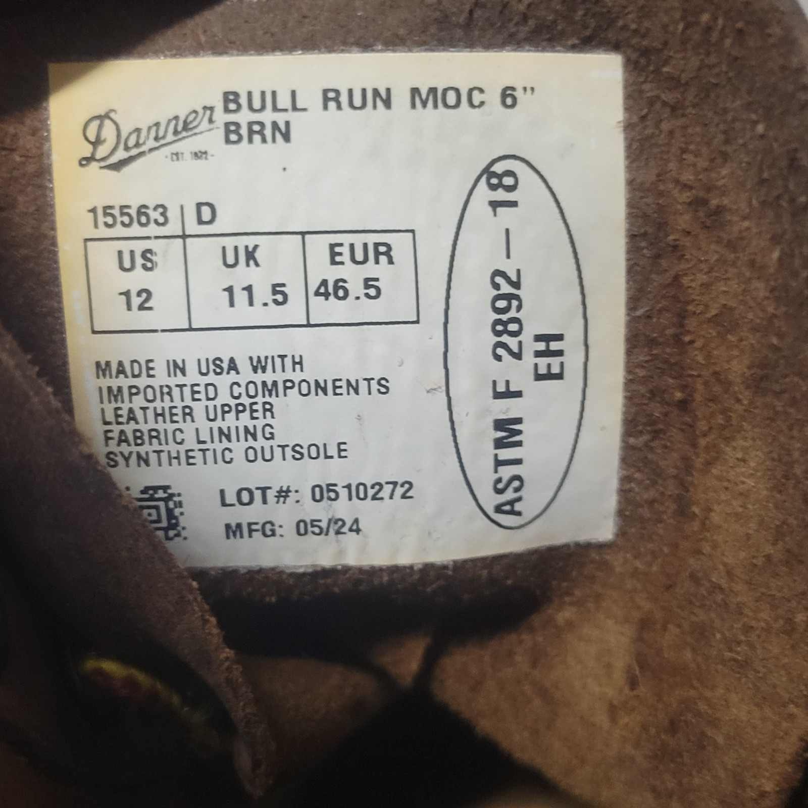 Danner Bull Run Moc 6″ Soft Toe Boot Brown Men’s Size 12D