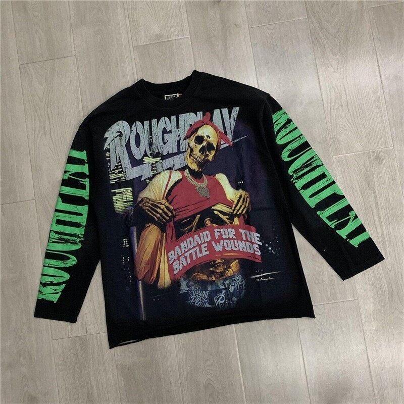 RoughPlay High Street Vintage Washed Skull Print Long-Sleeved T-Shirt