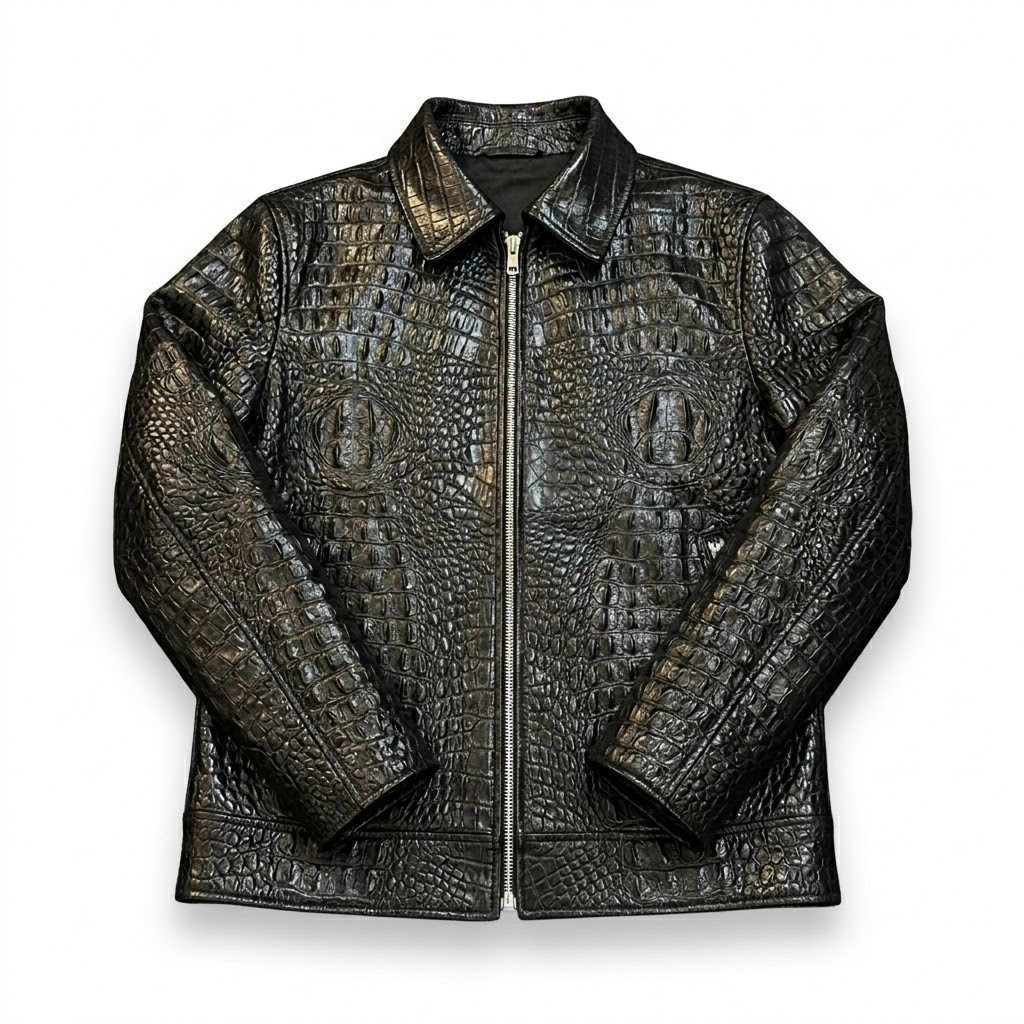 Men’s Black Crocodile Embossed Leather Jacket Alligator Pattern Real Leather