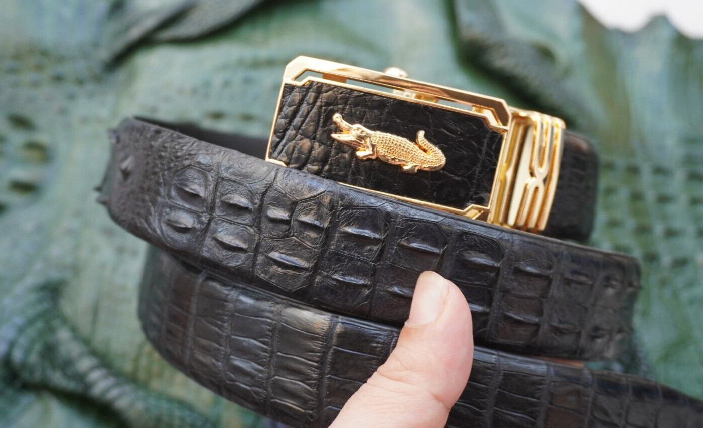 Black Genuine CROCODILE Hornback LEATHER Skin Men’s Belt -W 1.3 inch # Q01