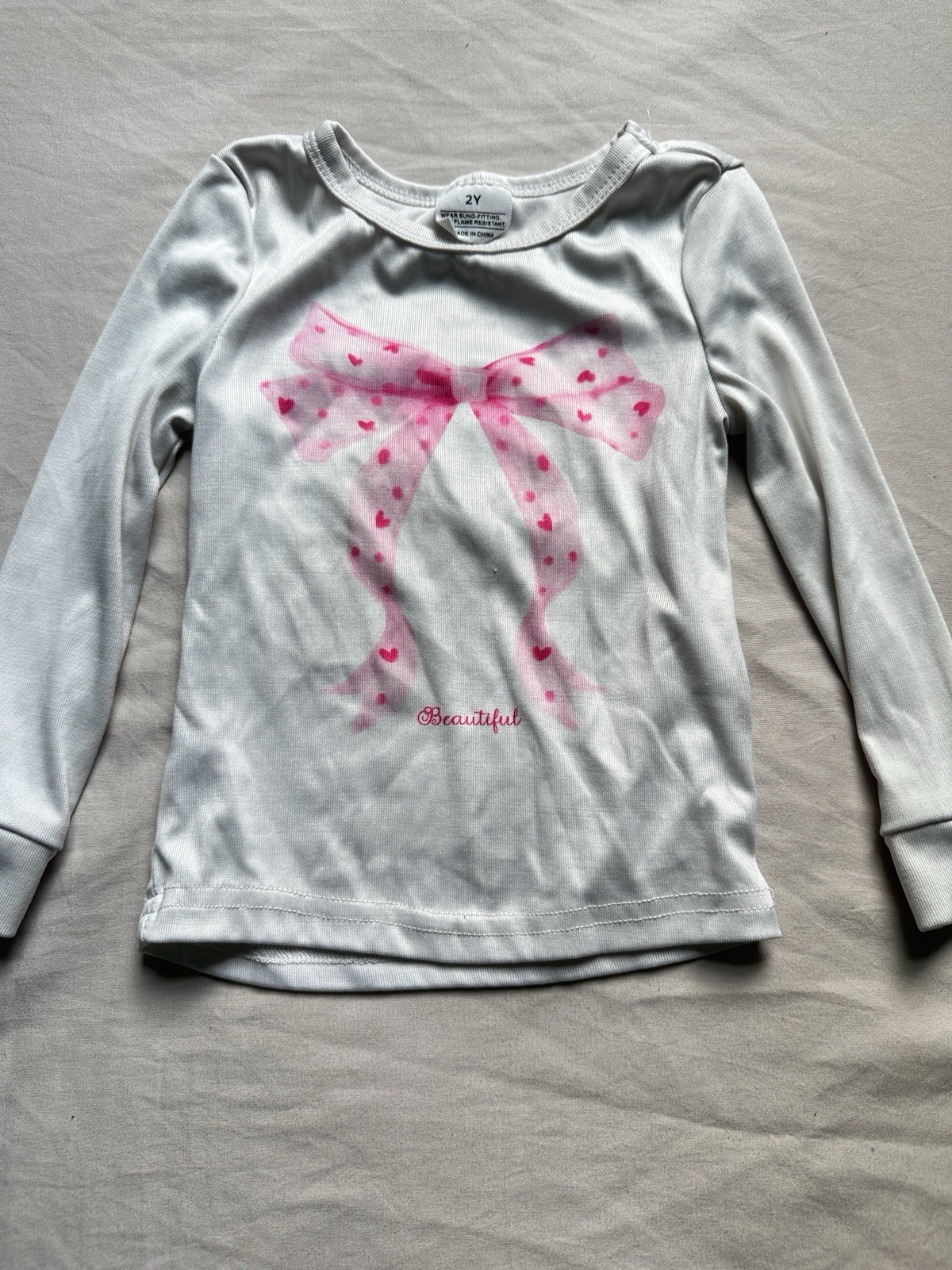 Primark Girls 2Y White Pink Long Sleeve Graphic Tee Bow Hearts Crew Neck