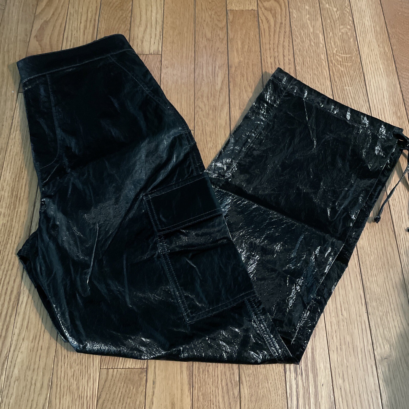 Good American The Paper Cargo Patent Faux Leather Pant Size 2 Med Black $170