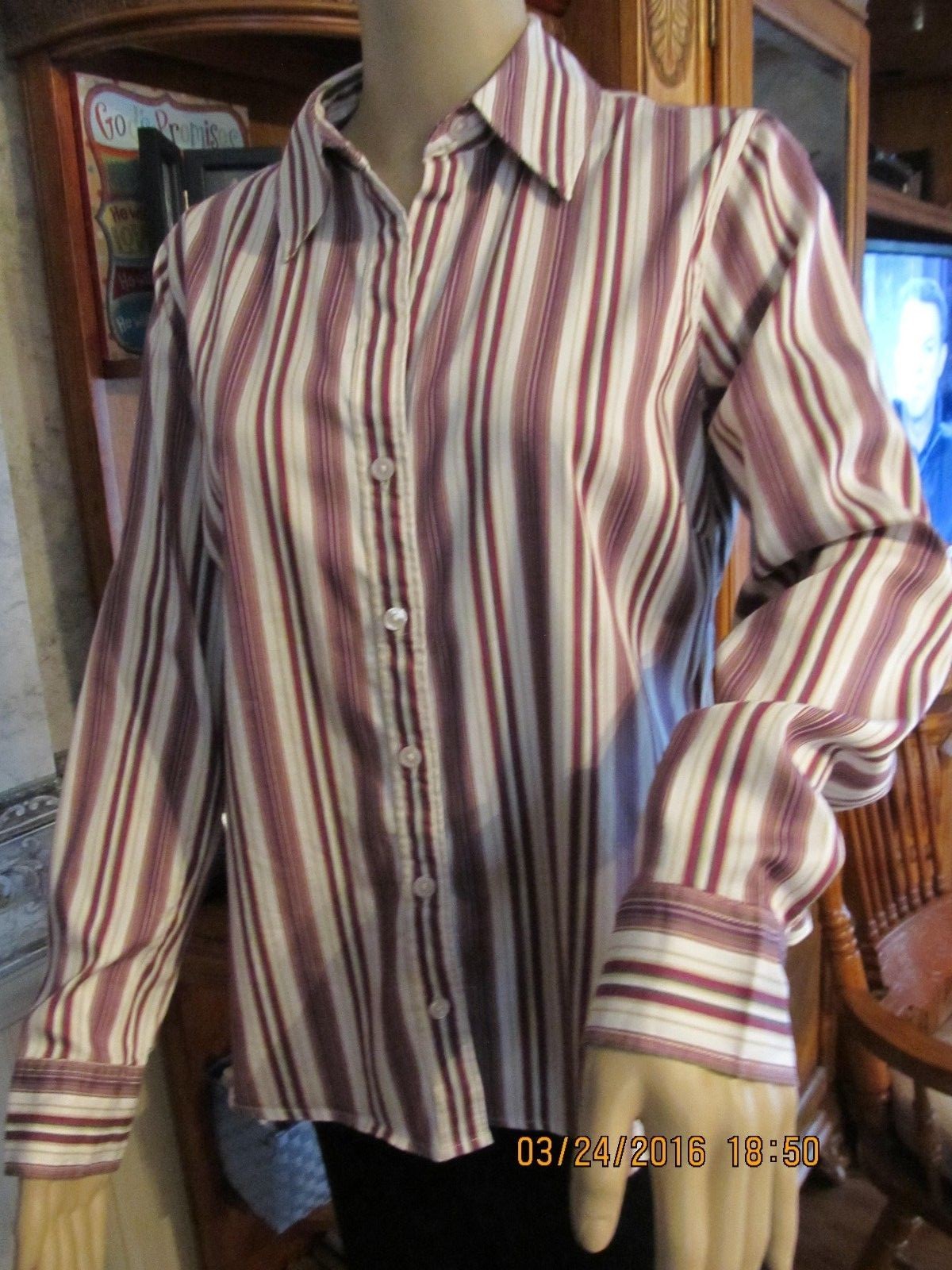 NICE “CHICO’S” WASHABLE COT/NYLON/SPAN BUTTON UP WHITE/TAN/MAGENTA BLOUSE-SZ 1