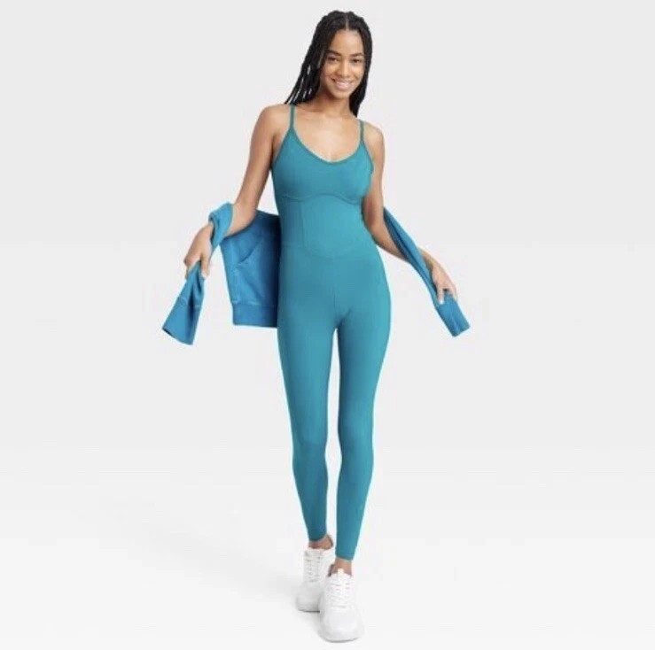 JoyLab Women’s Corset Bodysuit Leotard Stretch Jersey U-Neckline Teal Blue XS