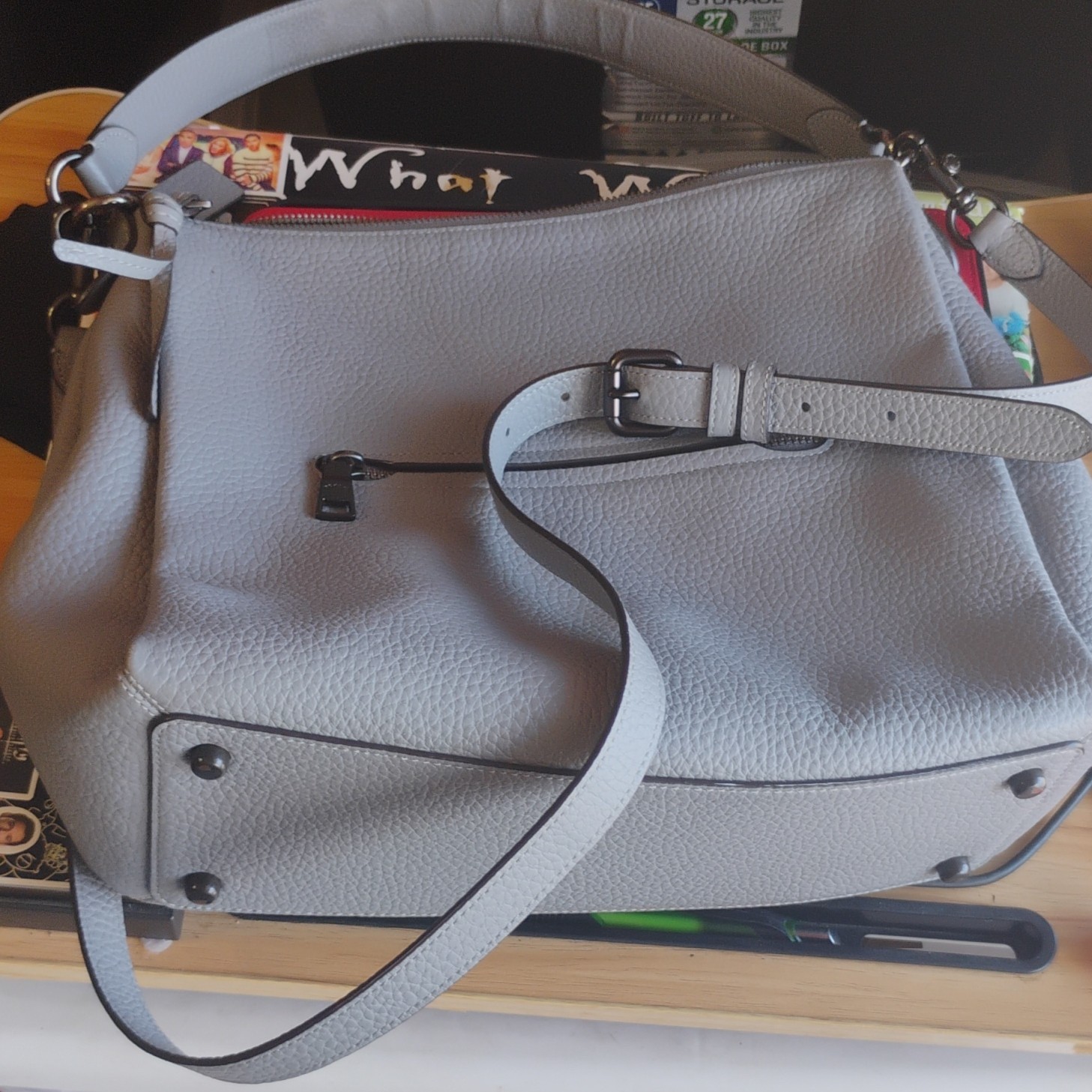 Coach Gray Pebbled Top Handle Bag with Buckle Accent, Logo & Bottom Studs