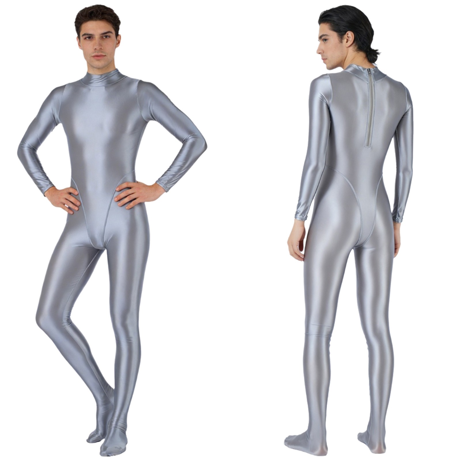 US YiZYiF Mens Sexy Glossy Unitard Full Bodysuit Long Sleeve Athletic Jumpsuit