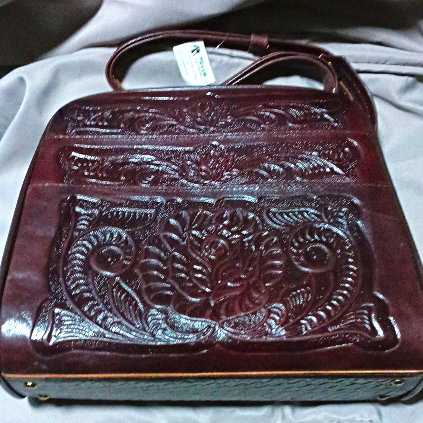 Brown Tooled Embossed Floral Shoulder Bag Zip Top Multi-Compartment Studs