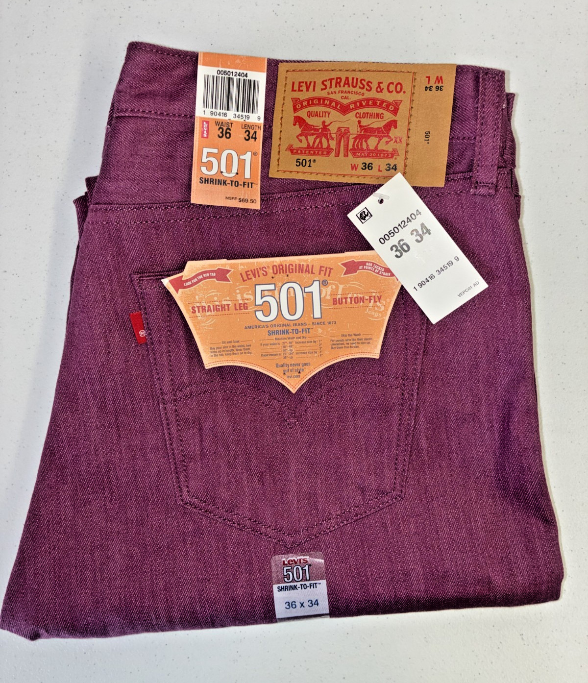 501 LEVI jeans Mens 36×34 straight leg, button fly, shrink to fit NEW Maroon