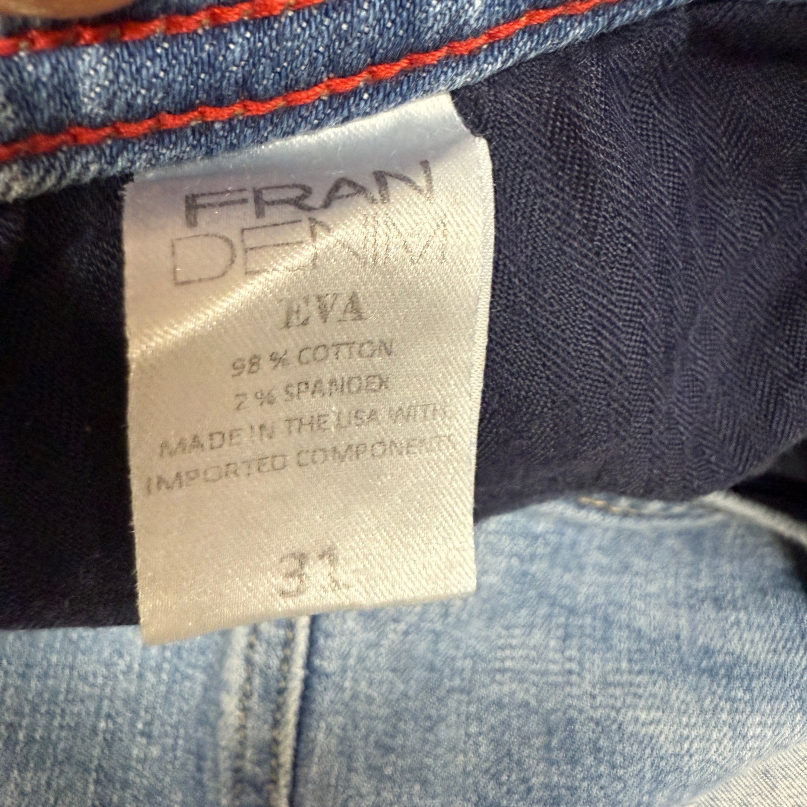 Fran Denim Eva Distressed Jeans 31 Blue Medium Wash Stretch Frayed Hem Low Rise