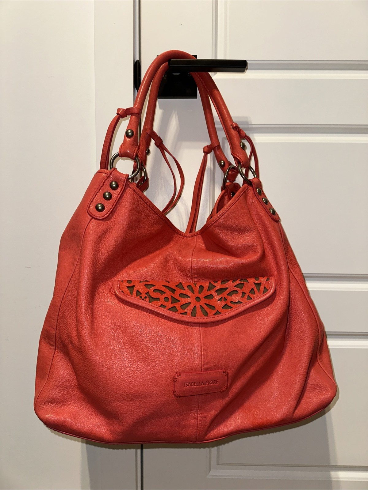 Isabela Fiore Coral leather laser cut Tote Handbag EUC Medallion front slouchy