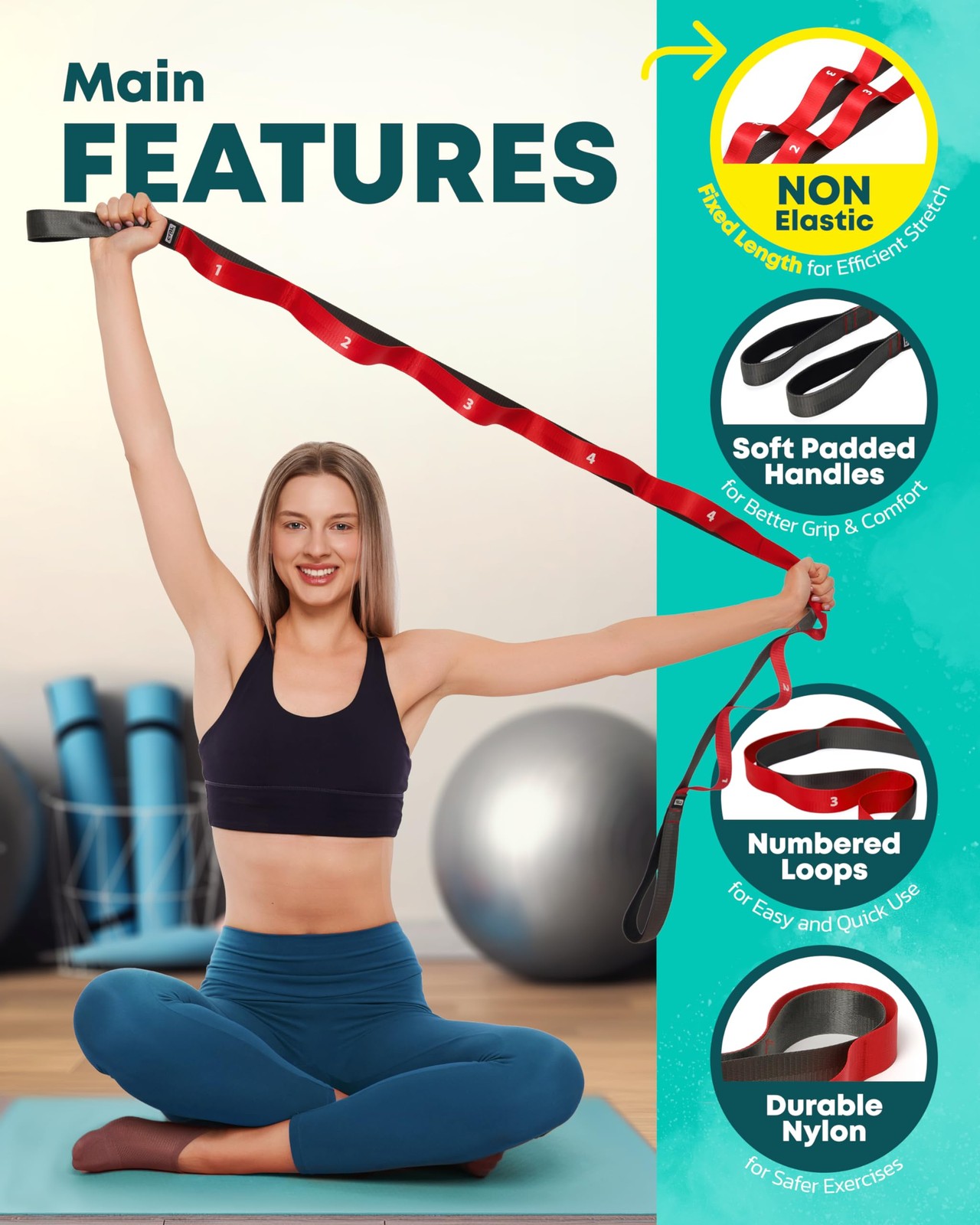 Stretching Strap with Loops – Non Elastic Stretch 78 inches x 1.5 inches, Red